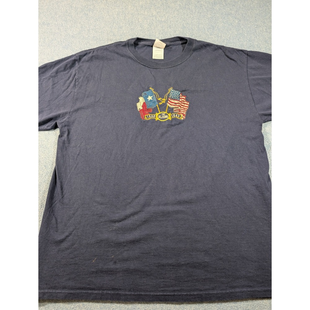 VTG Delta Magnum Weight The Alamo Texas Flag Embroidered Navy Blue T-Shirt LG